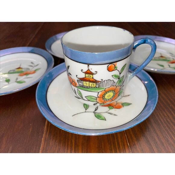 Vintage TT Takito Japan Hand Painted Lusterware Demitasse Cup Saucers Pagoda - Picture 1 of 10